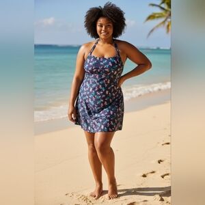 Lands End sz 26W blue bird of paradise flower swim dress one piece swimsuit